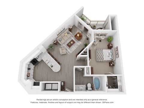 Floor plan for 1 bed, 1 bath, 742 sqft